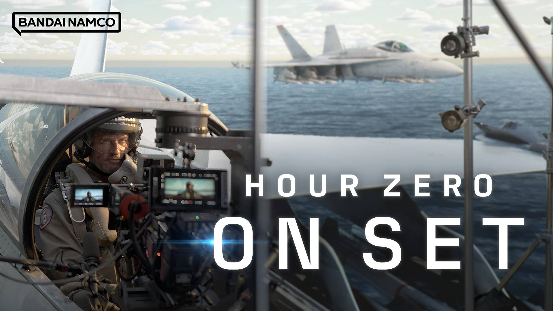 Ace Combat 8 Hour Zero on-set photo of actor in cockpit with fighter jet in background